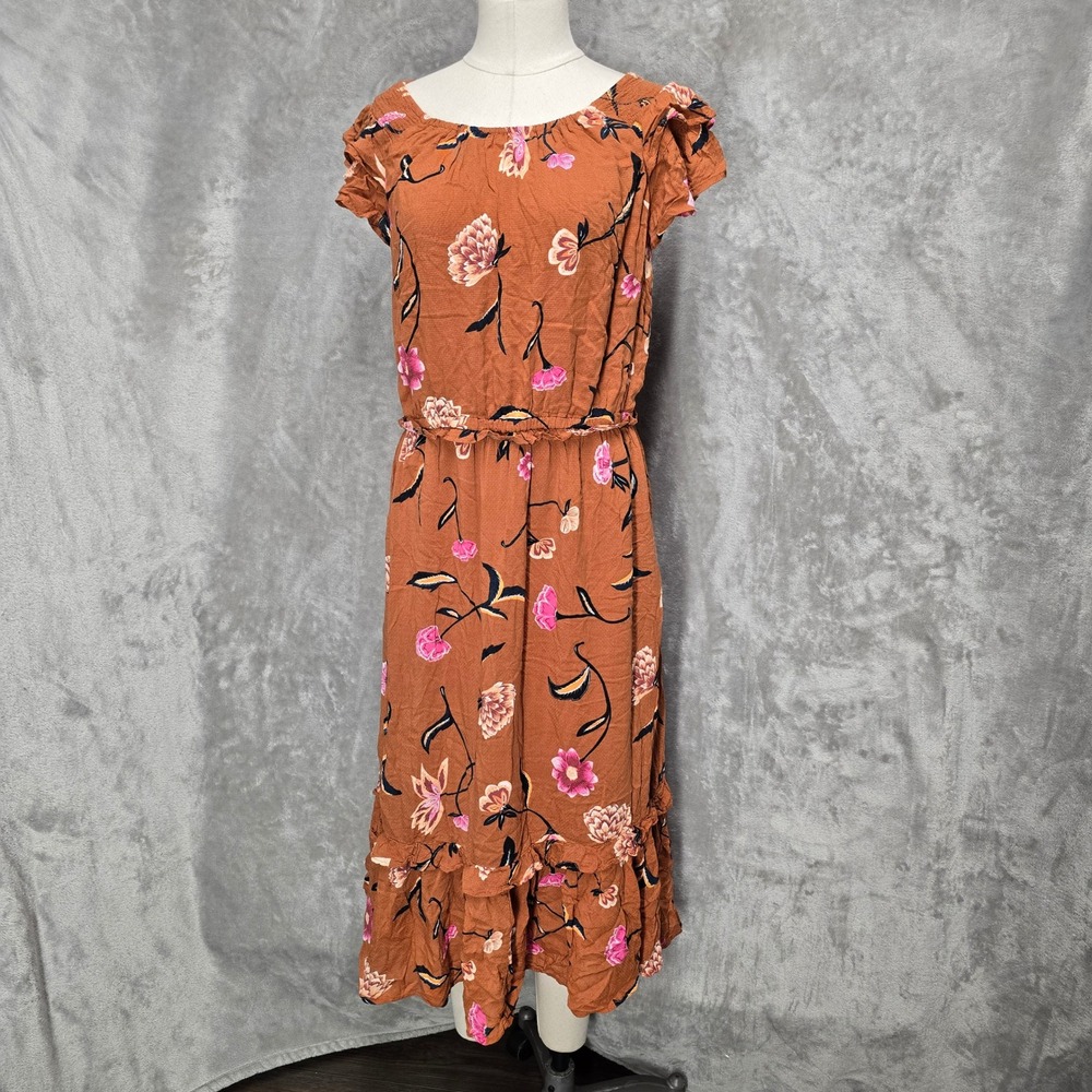 Cottagecore Tiered Midi Dress Women L Brown Floral Ruffle Pockets Peasant Ruffle